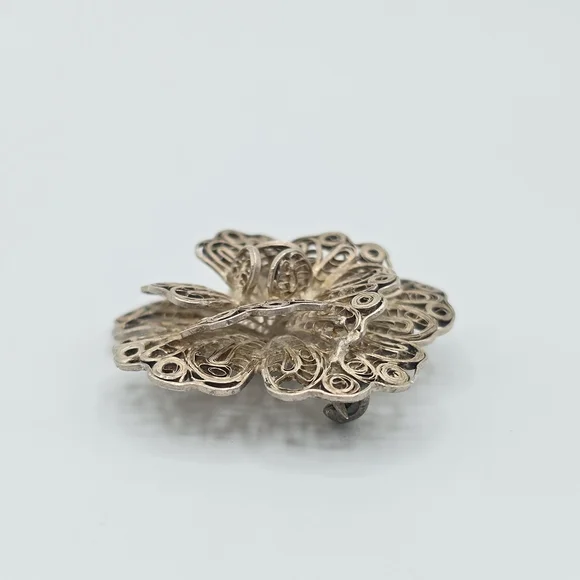 VTG Mexico Silver Filigree Flower Brooch Pin Layered Floral 1.75" REPAIR - Picture 5 of 12